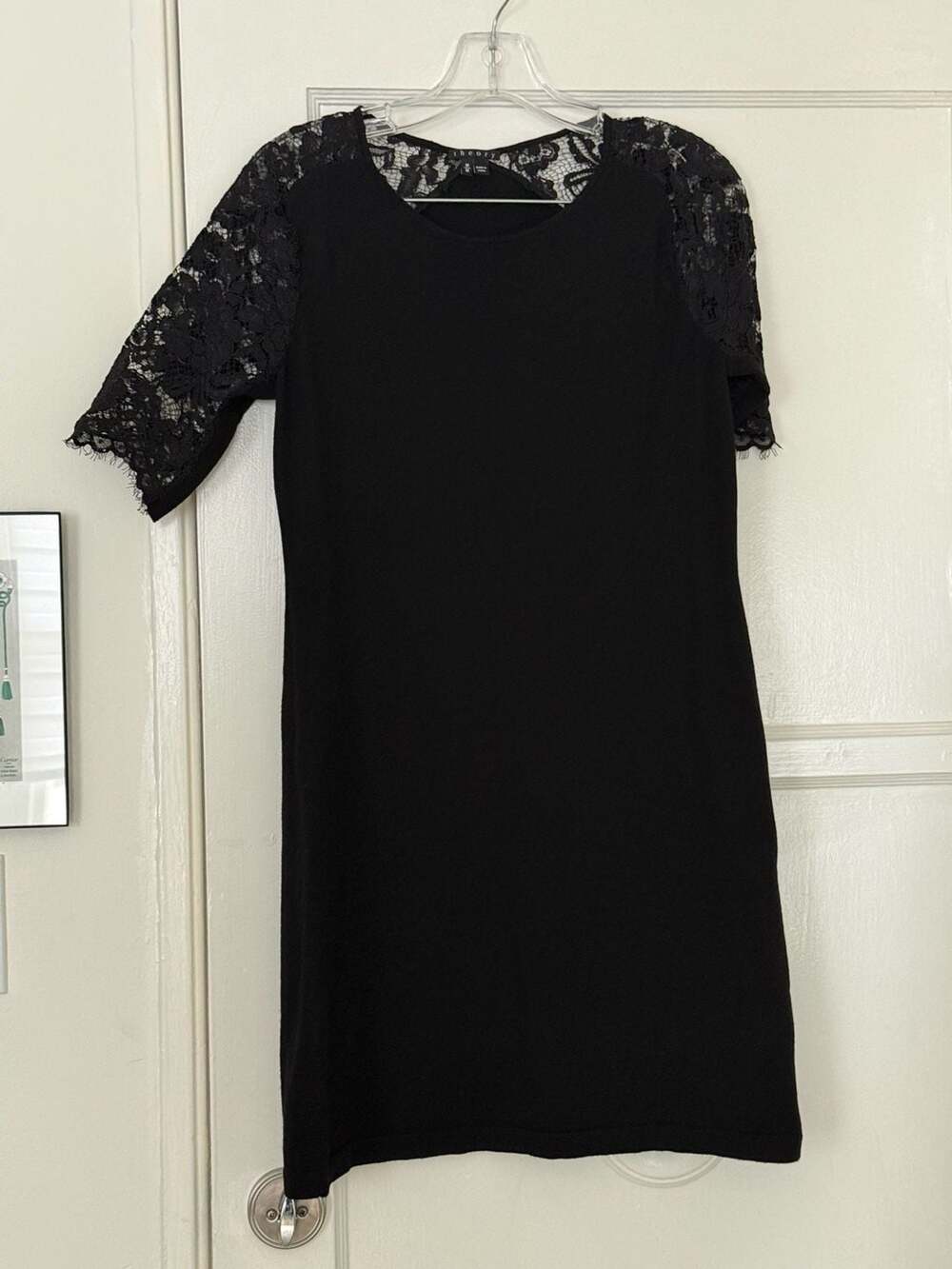 Theory Black Wool Dress with Lace Sleeves Size M